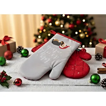 Chňapka Vánoční kuchyňské rukavice chňapky HAPPY FRIENDS PEJSEK šedá/červená 19x30 cm 100% bavlna Balení 2 kusy - levá a pravá rukavice.