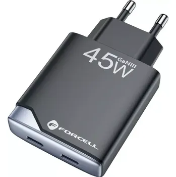 Rychlá nabíječka Forcell F-Energy Ultra Slim GaN III 2×USB-C 45 W – černá (Ultratenká dvouportová nabíječka Forcell F-Energy Ultra Slim GaN III 2×USB-C PD QC4.0 45 W – černá, rychlé a bezpečné nabíjení dvou zařízení najednou)