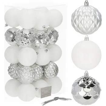 Vánoční dekorace Springos Vánoční baňky bílo-stříbrné mix - 8cm, sada 30ks