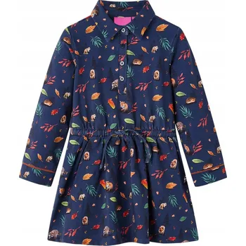Dámské šaty ŠATY DĚTSKÉ S DLOUHÝM RUKÁVEM VZOR LISTY TMAVĚ MODRÉ 104