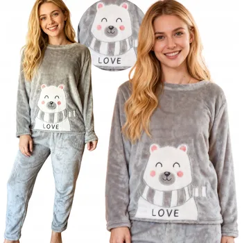 Dámské noční prádlo Velurové dámské pyžamo s hřejivou podšívkou a roztomilým medvídkem, volný střih, šedé, velikost S
