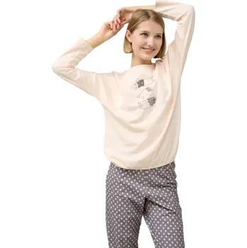 Dámské pyžamo Dámské pyžamo s potiskem koček a puntíkovanými kalhotami Vamp 23340 cream dew velikost L