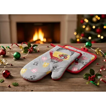 Chňapka Vánoční kuchyňský set vánoční rukavice/chňapka WINTER JOY medvěd, šedá 18x30 cm/20X20 cm 100% bavlna Balení 2 kusy - pravá rukavice + chňapka