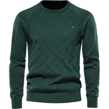 Pánský svetr Pánský bavlněný svetr s dlouhým rukávem a výstřihem do O Jednobarevný pletený svetr Elegantní volnočasová móda Podzimní a zimní oblečení zelená XS