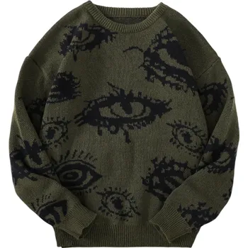 Pánský svetr Pánský svetr s kulatým výstřihem Jednobarevný pletený svetr s abstraktním vzorem oka Dlouhý rukáv Stylový podzimní zimní svetr Polyester zelená XL