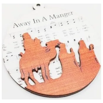 Dřevěná kulatá ozdoba na stromeček Away in a Manger - Pryč v jeslích