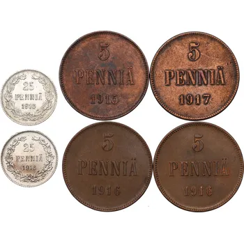 Sada mincí Ruská okupace Finska, 5-25 haléřů. Kod 4383 (Finska sada mincí 5-25 haléřů)