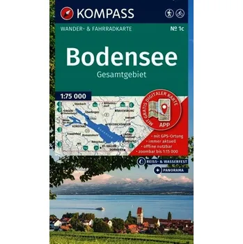 KOMPASS Wanderkarte 1c Bodensee Gesamtgebiet 1:75.000. 1:75'000: Wander- und Fahrradkarte in einem - inklusive Offline-Verwendung in der KOMPASS-App. Wander-& Radwege. Panorama. La Turistická a cyklistická mapa Bodamského jezera – celá oblast – v měřítku