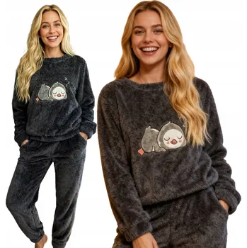 Dámské noční prádlo Teplé dámské pyžamo - Mikina a kalhoty s výšivkou tučňáka, grafitová barva, velikost XL