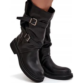 Dámské kozačky ČERNÉ KOZAČKY Z EKOKŮŽE, NATAHOVACÍ, DO POLOVINY LÝTEK, S PÁSKY A PŘEZKAMI, VELIKOST 38