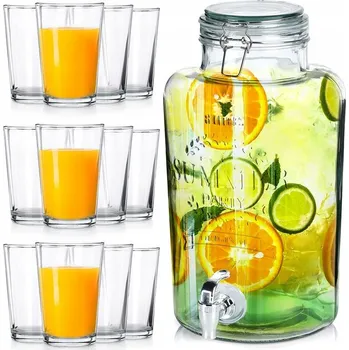 Dóza na potraviny Dóza na nápoje skleněná nádoba s kohoutkem + sklenice 8L