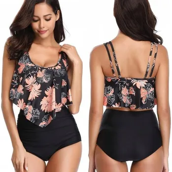 Dámské plavky PLAVKY BIKINI S VLOŽKAMI BOHO VYSOKÝ PAS KALHOTEK ZEŠTÍHLUJÍCÍ / XXL