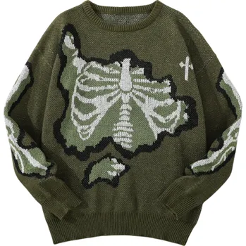 Pánský svetr Pánský svetr s výstřihem do O Stylový pletený svetr se vzorem kostry Dlouhý rukáv Moderní podzimní zimní svetr Polyester Různé barvy zelená M