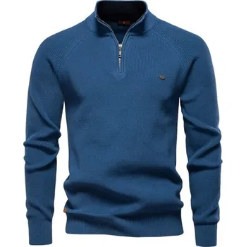 Pánský svetr Pánský svetr s dlouhým rukávem a rolákem Bavlněný elastický svetr s polovičním zipem Jednobarevný moderní svetr více barev modrá L