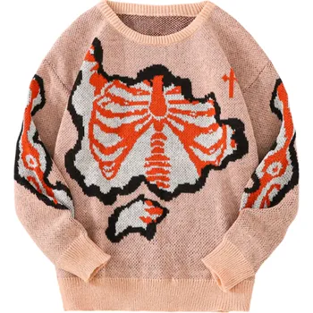 Pánský svetr Pánský svetr s výstřihem do O Stylový pletený svetr se vzorem kostry Dlouhý rukáv Moderní podzimní zimní svetr Polyester Různé barvy růžová XL