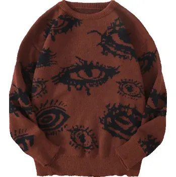 Pánský svetr Pánský svetr s kulatým výstřihem Jednobarevný pletený svetr s abstraktním vzorem oka Dlouhý rukáv Stylový podzimní zimní svetr Polyester červená L