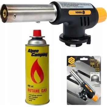 Turistický vařič VOREL PLYNOVÝ HOŘÁK PLYNOVÁ PÁJEČKA PIEZO GAZ KARTUŠ + 4 PLYNY 73412 + 4xGAZ