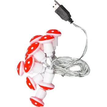 Noční světlo Dekorativní LED řetěz 1,5 m s 10 červenými světly ve tvaru muchomůrek USB napájení Světelná dekorace pro domov i zahradu
