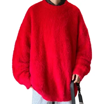 Pánský svetr Plyšový pánský svetr s výstřihem do O Jednobarevný volný teplý pletený svetr Stylový podzimní zimní svetr Akryl Polyester Nylon Viskóza Různé barvy červená S