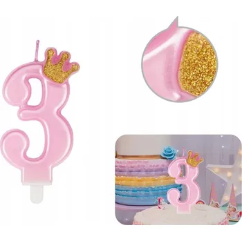 Dortová svíčka Narozeninová svíčka růžová s třpytivou korunou číslice 3 dekorace na dort DS