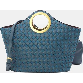 Tom & EvaPetrolejová moderní kabelka se zlatými kruhy a proplétané kůže