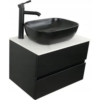 Koupelnový nábytek ČERNÁ LAKOVANÁ SKŘÍŇKA POD UMYVADLO 65 CM + DESKA HPL SLIM BÍLÝ MARMOR