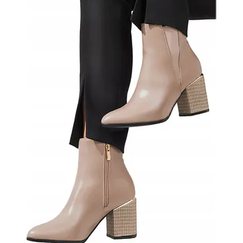 Dámská zimní obuv ELEGANTNÍ DÁMSKÉ KOTNÍKOVÉ BOTY NA OZDOBNÉM PODPATKU, ŠPIČATÁ ŠPIČKA, BÉŽOVÉ, vel. 41