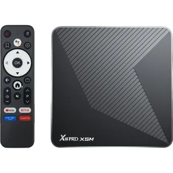 Multimediální centrum Černý TV box Android 14 streamovací přehrávač médií 4+64GB Wi-Fi 2.4G 5G 1000M Ethernet Bluetooth USB HDMI IR dálkové ovládání