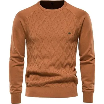 Pánský svetr Pánský bavlněný svetr s dlouhým rukávem a výstřihem do O Jednobarevný pletený svetr Elegantní volnočasová móda Podzimní a zimní oblečení hnědá M