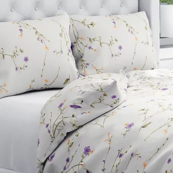 Povlečení Bavlněné ložní povlečení Sandra SA-382 Fialové luční kvítí na krémovém Jednolůžko 140x200 a 70x90 cm
