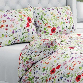 Povlečení Bavlněné ložní povlečení Sandra SA-608 Červeno-fialové luční kvítí s motýlky a čmeláčky na bílém Jednolůžko 140x200 a 70x90 cm