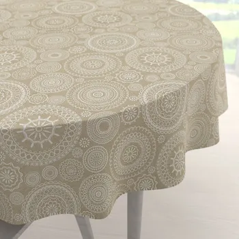 ubrus Velký dekorační kulatý ubrus Leona LN-170 Bílé mandaly na režném Ø 160 cm