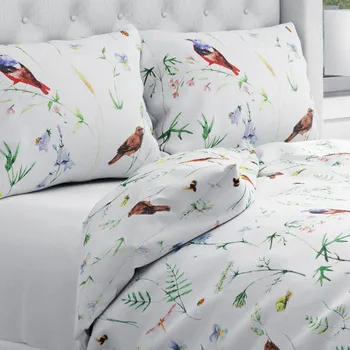 Povlečení Bavlněné ložní povlečení Sandra SA-392 Luční kvítí s ptáčky Jednolůžko 140x200 a 70x90 cm