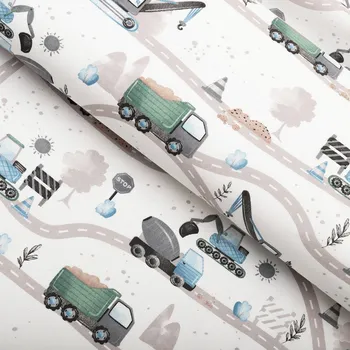 Dětská bavlněná látka/plátno Sandra SA-687 Modro-zelená auta a bagry na bílém - šířka 160 cm