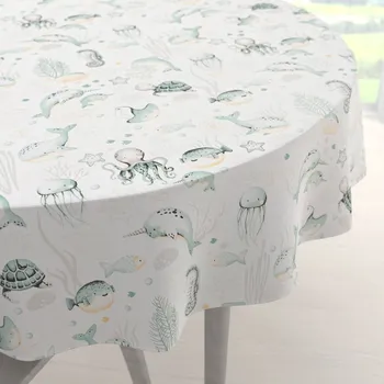 ubrus Dětský bavlněný kulatý ubrus Sandra SA-688 Mořský svět zelený na bílém Ø 60 cm