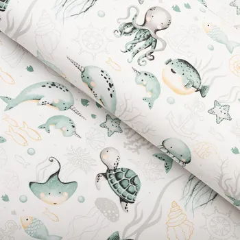 Dětská bavlněná látka/plátno Sandra SA-688 Mořský svět zelený na bílém - šířka 160 cm