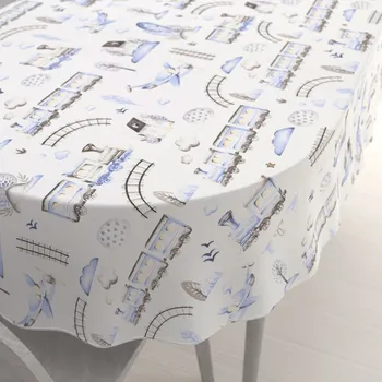 ubrus Dětský bavlněný oválný ubrus Sandra SA-690 Modré vláčky s letadýlky na bílém 50x100 cm