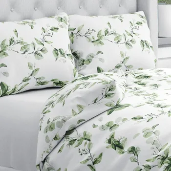 Povlečení Bavlněné ložní povlečení Sandra SA-422 Zelené listy na bílém Dvoulůžko francouzské 220x200 a 2ks 70x90 cm
