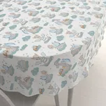 Dětský bavlněný oválný ubrus Sandra SA-689 Dráčci s medvídky na modrozelených obláčcích na bílém 140x220 cm