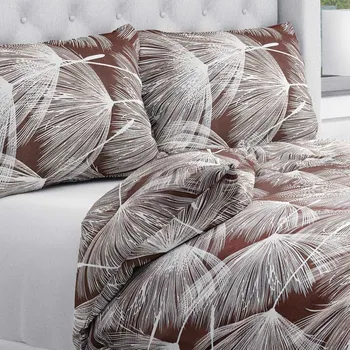 Povlečení Bavlněné ložní povlečení Sandra SA-499 Bílé abstraktní chmýří na hnědém Jednolůžko 140x200 a 70x90 cm