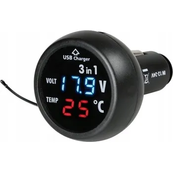 Nabíječka autobaterie Voltmetr 12V 24V teploměr do interiéru USB nabíječka zásuvky zapalovače