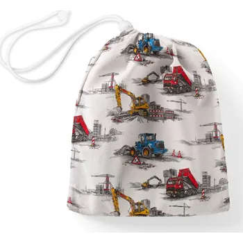 Školní sáček Bavlněný pytlík/sáček na přezůvky Sandra SA-578 Náklaďáky a bagry na bílém