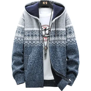 Pánský svetr Pánský zimní vzorovaný kardigan s kapucí a pruhem na zip Stylový pletený svetr s dlouhým rukávem Teplý podzimní zimní svetr Polyester Různé barvy světle šedá L