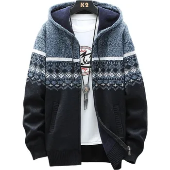 Pánské oblečení Pánský zimní vzorovaný kardigan s kapucí a pruhem na zip Stylový pletený svetr s dlouhým rukávem Teplý podzimní zimní svetr Polyester Různé barvy tmavě modrá L