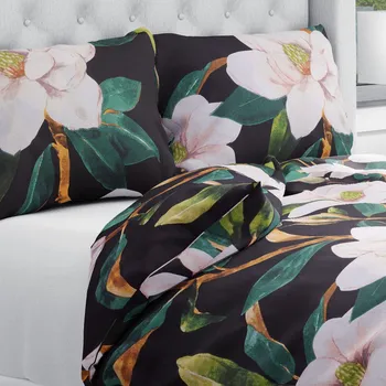 Povlečení Bavlněné ložní povlečení Sandra SA-300 Květy magnolie na černém Jednolůžko 140x200 a 70x90 cm