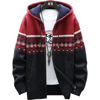 Pánský svetr Pánský zimní vzorovaný kardigan s kapucí a pruhem na zip Stylový pletený svetr s dlouhým rukávem Teplý podzimní zimní svetr Polyester Různé barvy vínová XXS