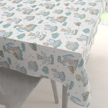 ubrus Dětský bavlněný obdélníkový ubrus Sandra SA-689 Dráčci s medvídky na modrozelených obláčcích na bílém 80x120 cm