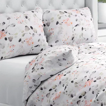 Povlečení Bavlněné ložní povlečení Sandra SA-288 Eukalyptus s růžovými květy na bílém Jednolůžko 140x200 a 70x90 cm