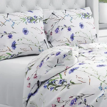 Povlečení Bavlněné ložní povlečení Sandra SA-429 Luční kvítí s vážkami Prodloužené 140x220 a 70x90 cm