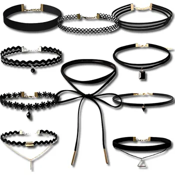 Náhrdelník Camerazar Černá sada 10 kusů náhrdelníků CHOKER pro celebrity